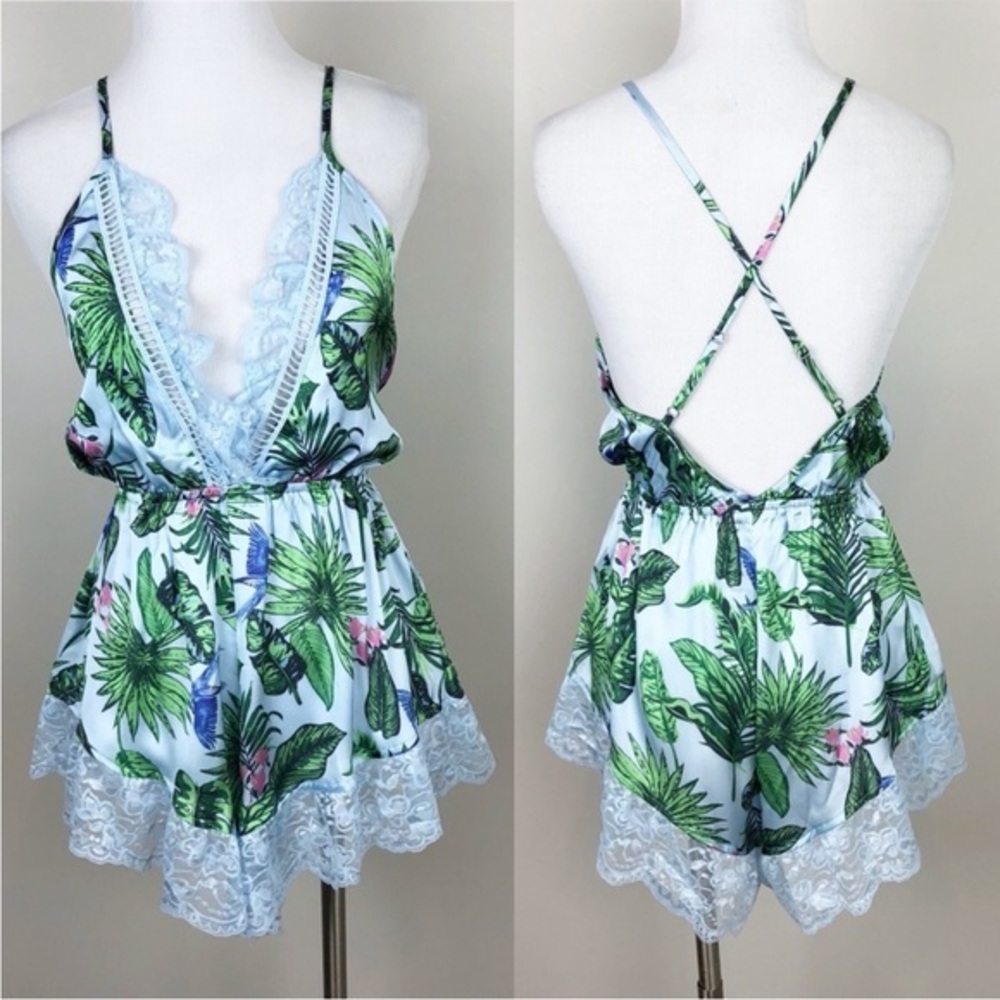 Missguided NEW Blue Green Palm Leaf Print Satin Lace Trim Teddy